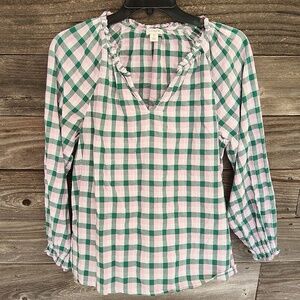 J Crew Factory Green and Pink Checkered Blouse Size Small